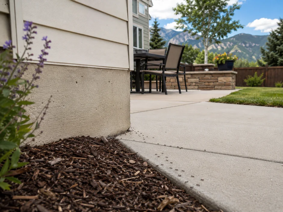 Ants trailing along a Colorado home foundation near a patio and mulch bed
